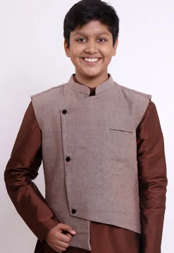 Handloom Pure Cotton Asymmetric Nehru Jacket in Fawn