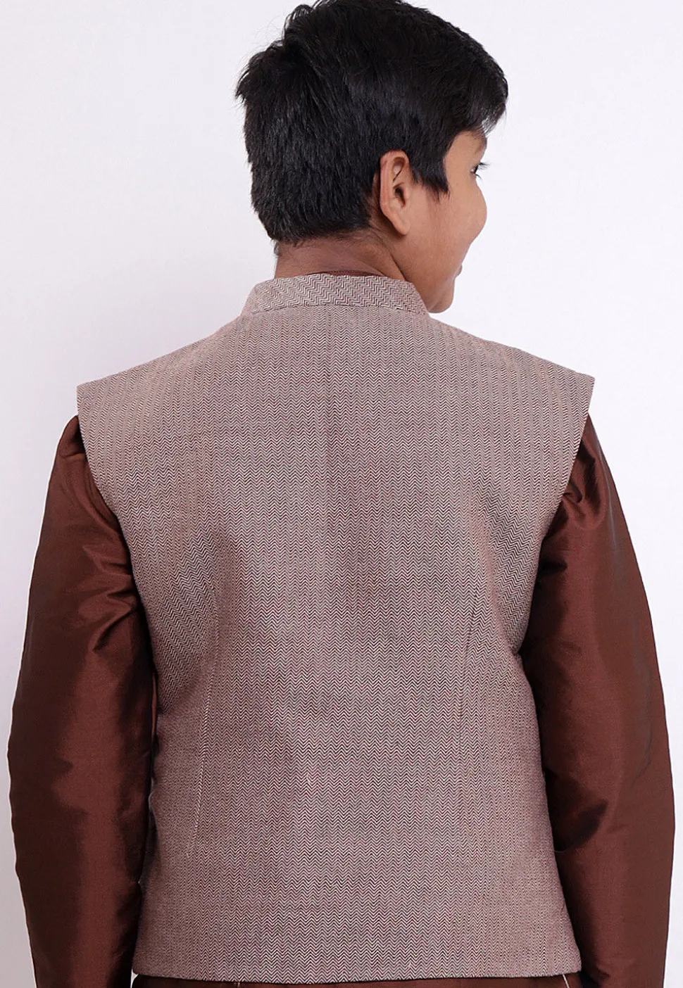 Handloom Pure Cotton Asymmetric Nehru Jacket in Fawn