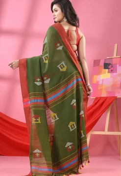 Handloom Pure Cotton Saree in Dark Olive Green