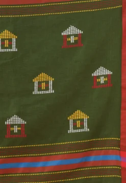 Handloom Pure Cotton Saree in Dark Olive Green