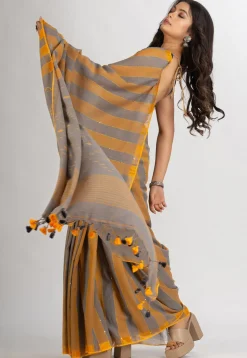 Handloom Pure Cotton Saree in Grey and Yellow