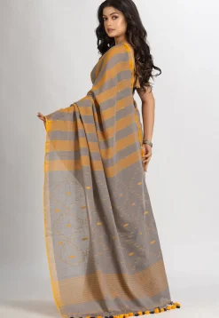 Handloom Pure Cotton Saree in Grey and Yellow