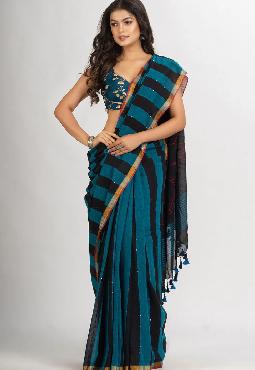 Handloom Pure Cotton Saree in Black and Blue