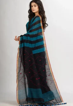 Handloom Pure Cotton Saree in Black and Blue