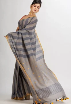 Handloom Pure Cotton Saree in Grey and Dusty Blue