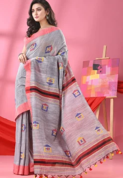 Handloom Pure Cotton Saree in Light Grey