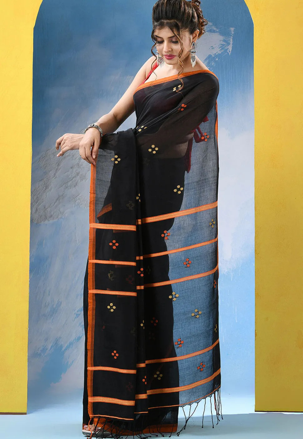 Handloom Pure Cotton Saree in Black