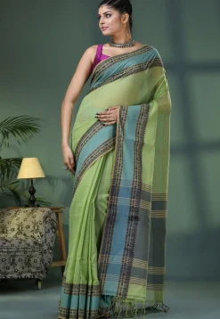 Handloom Pure Cotton Saree in Light Olive Green