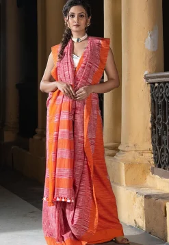 Handloom Pure Cotton Saree in Coral Pink
