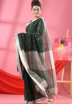 Handloom Pure Cotton Saree in Dark Green