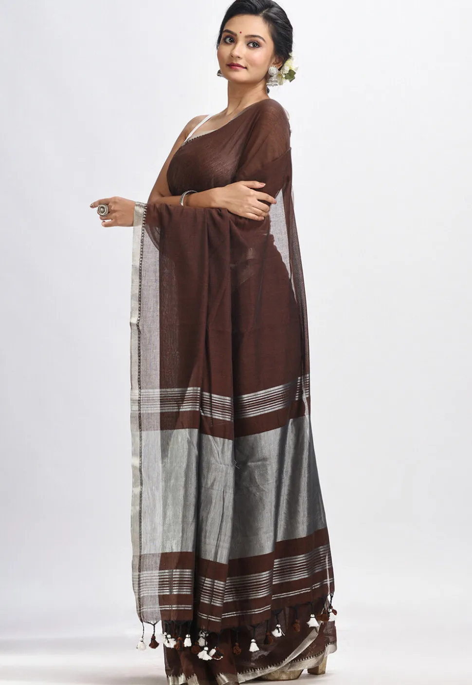 Handloom Pure Cotton Saree in Dark Brown