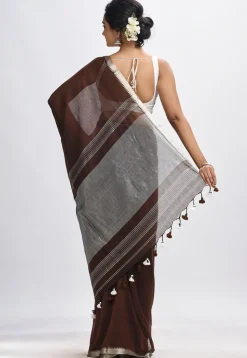 Handloom Pure Cotton Saree in Dark Brown
