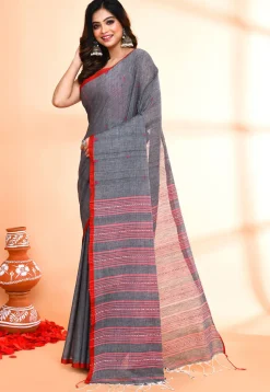Handloom Pure Cotton Saree in Dark Grey