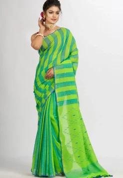 Handloom Pure Cotton Saree in Light Green and Green