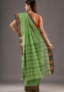Handloom Pure Cotton Tant Saree in Light Olive Green