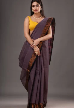Handloom Pure Cotton Tant Saree in Dark Purple