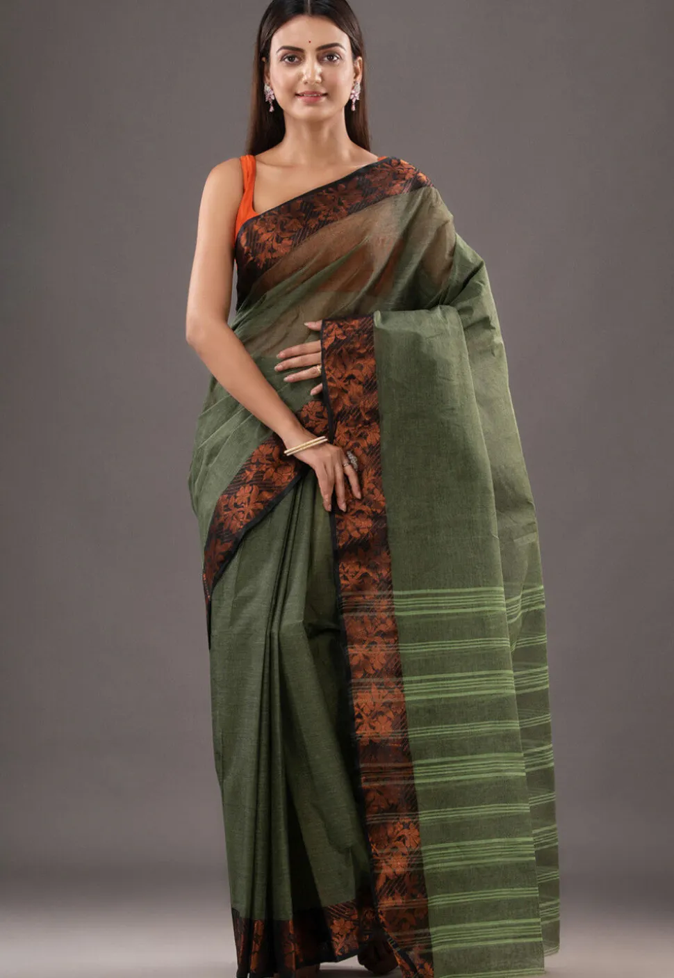 Handloom Pure Cotton Tant Saree in Dusty Green