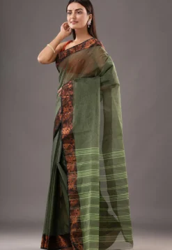 Handloom Pure Cotton Tant Saree in Dusty Green