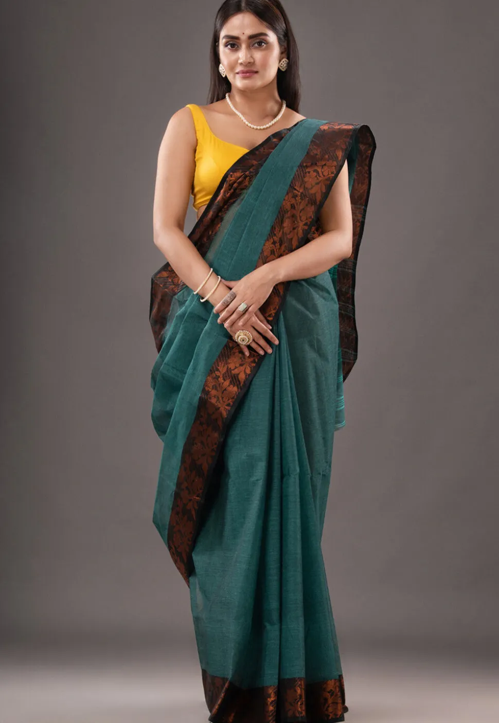 Handloom Pure Cotton Tant Saree in Teal Green