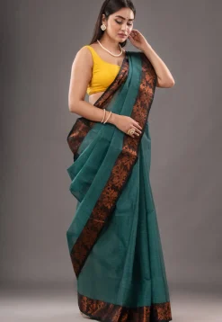 Handloom Pure Cotton Tant Saree in Teal Green