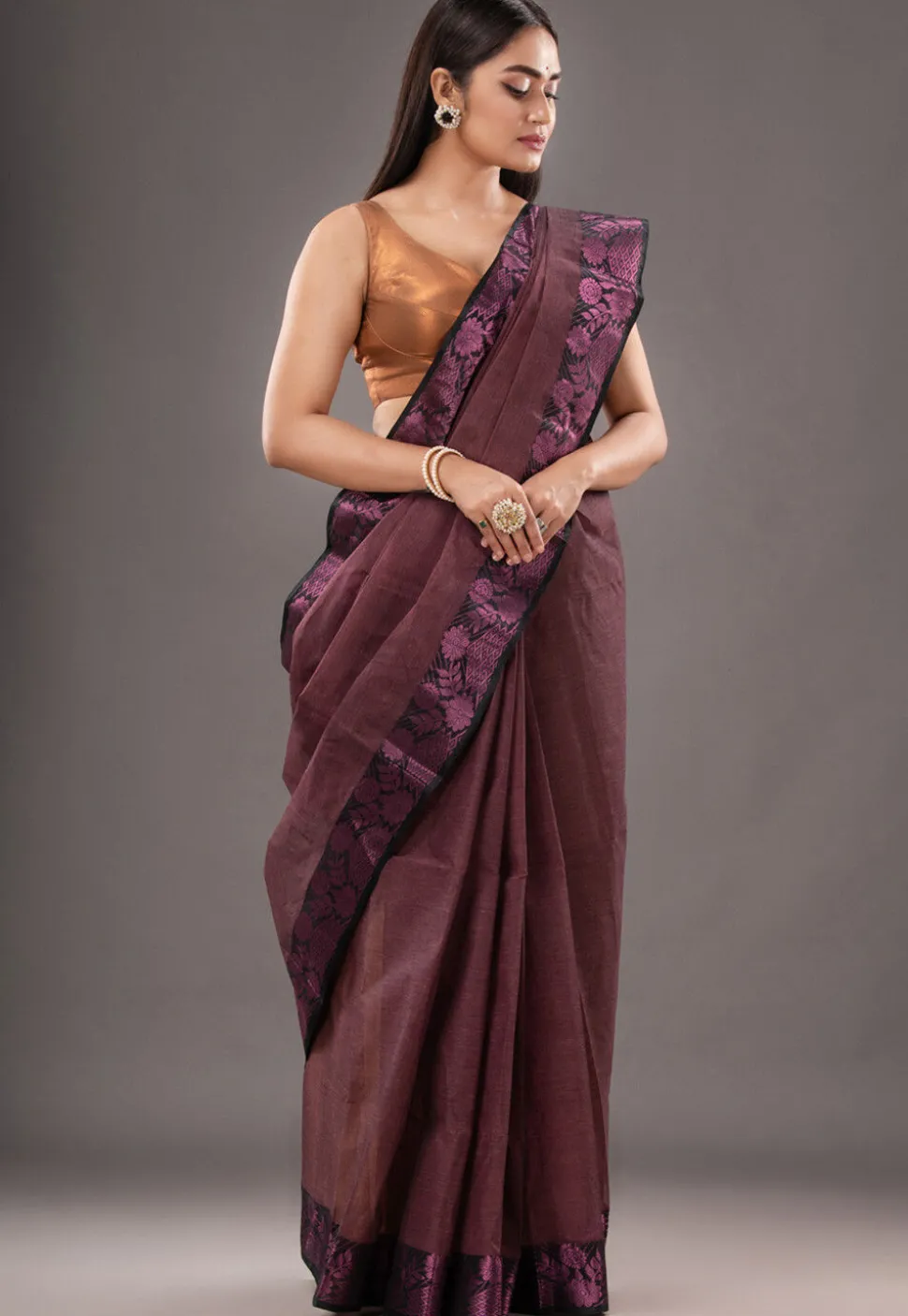 Handloom Pure Cotton Tant Saree in Brown