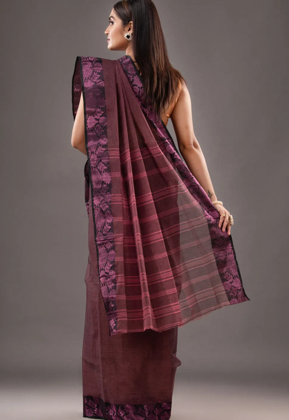 Handloom Pure Cotton Tant Saree in Brown