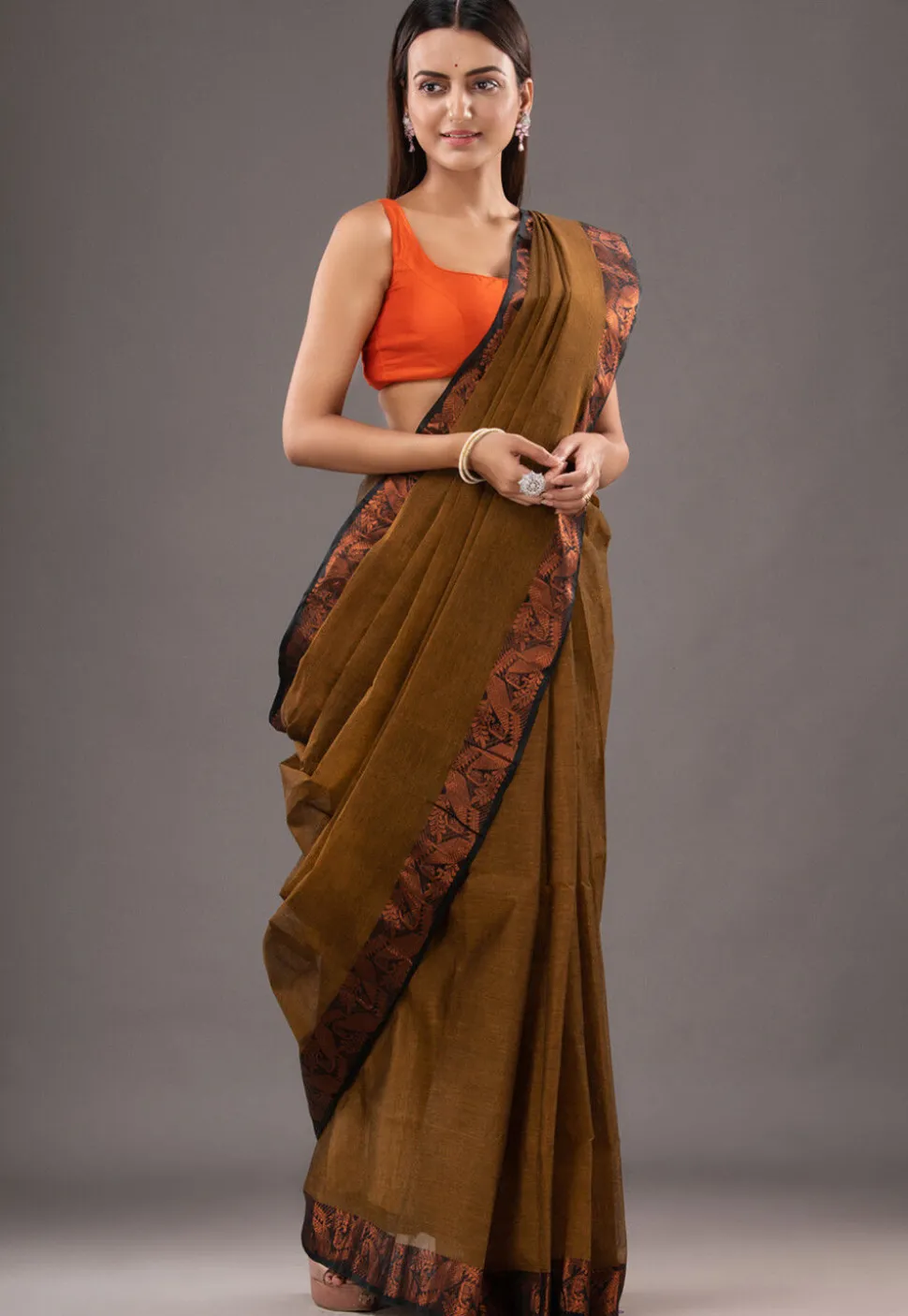 Handloom Pure Cotton Tant Saree in Olive Green