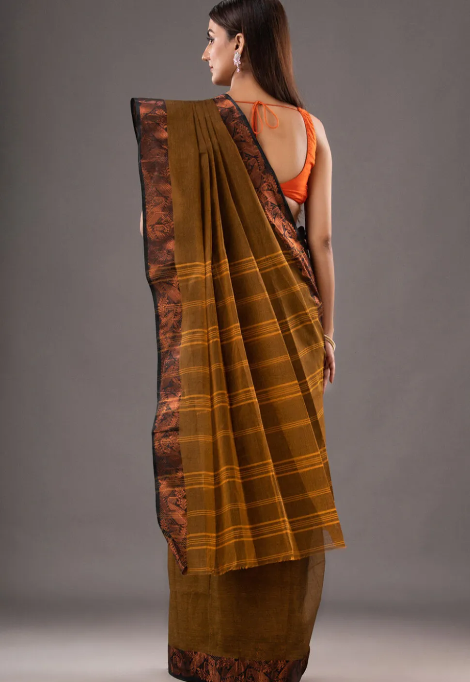 Handloom Pure Cotton Tant Saree in Olive Green