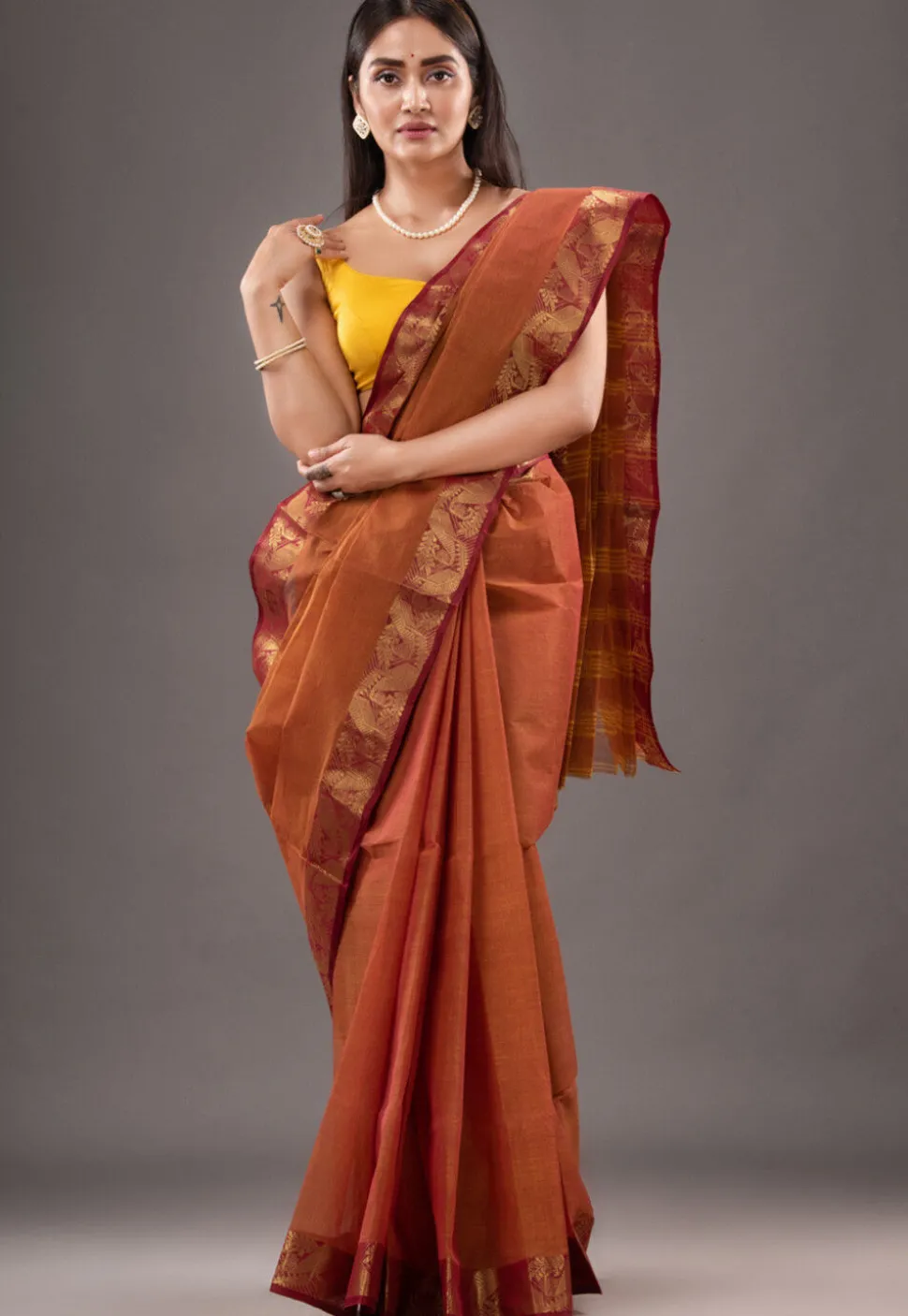 Handloom Pure Cotton Tant Saree in Rust