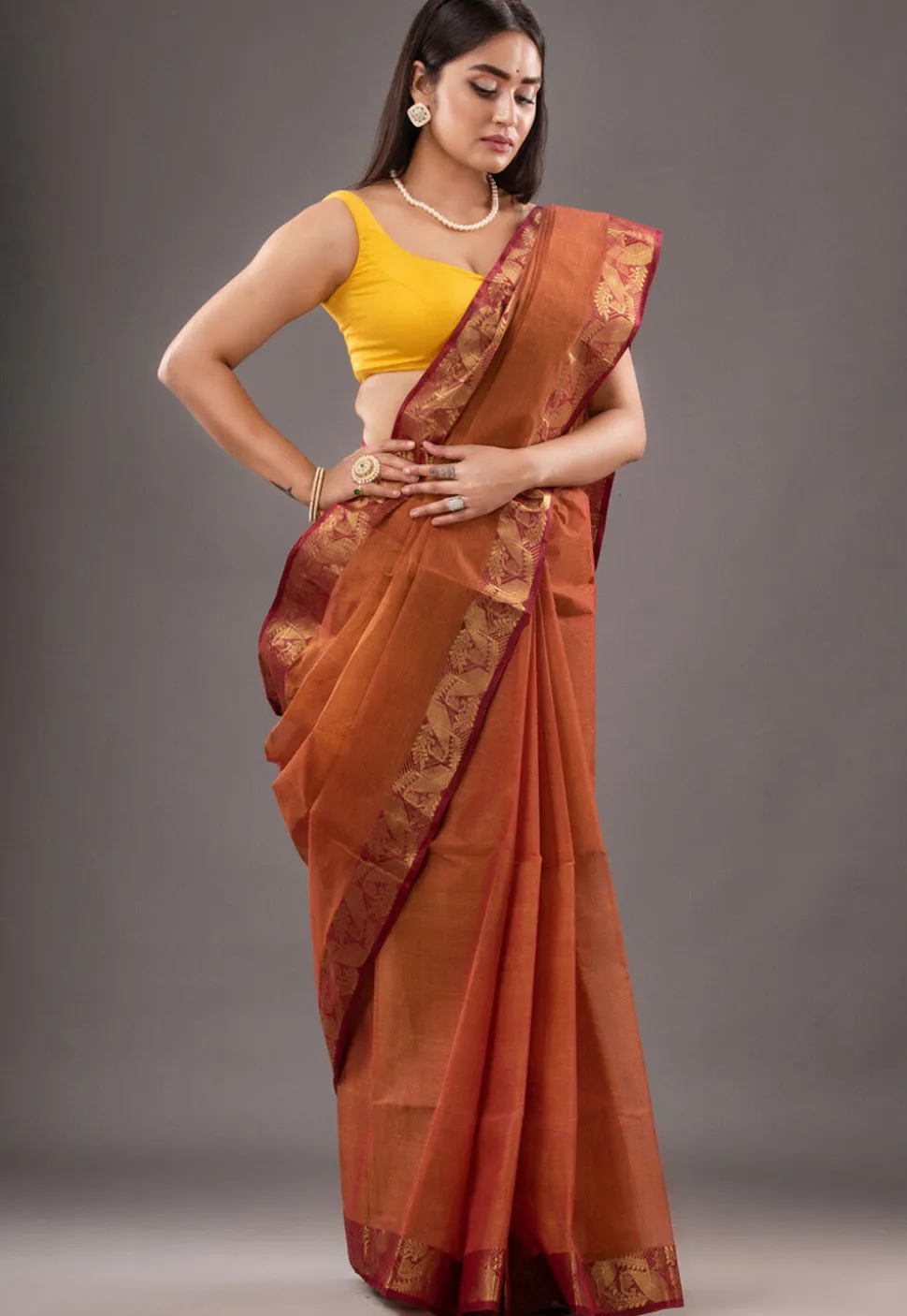 Handloom Pure Cotton Tant Saree in Rust