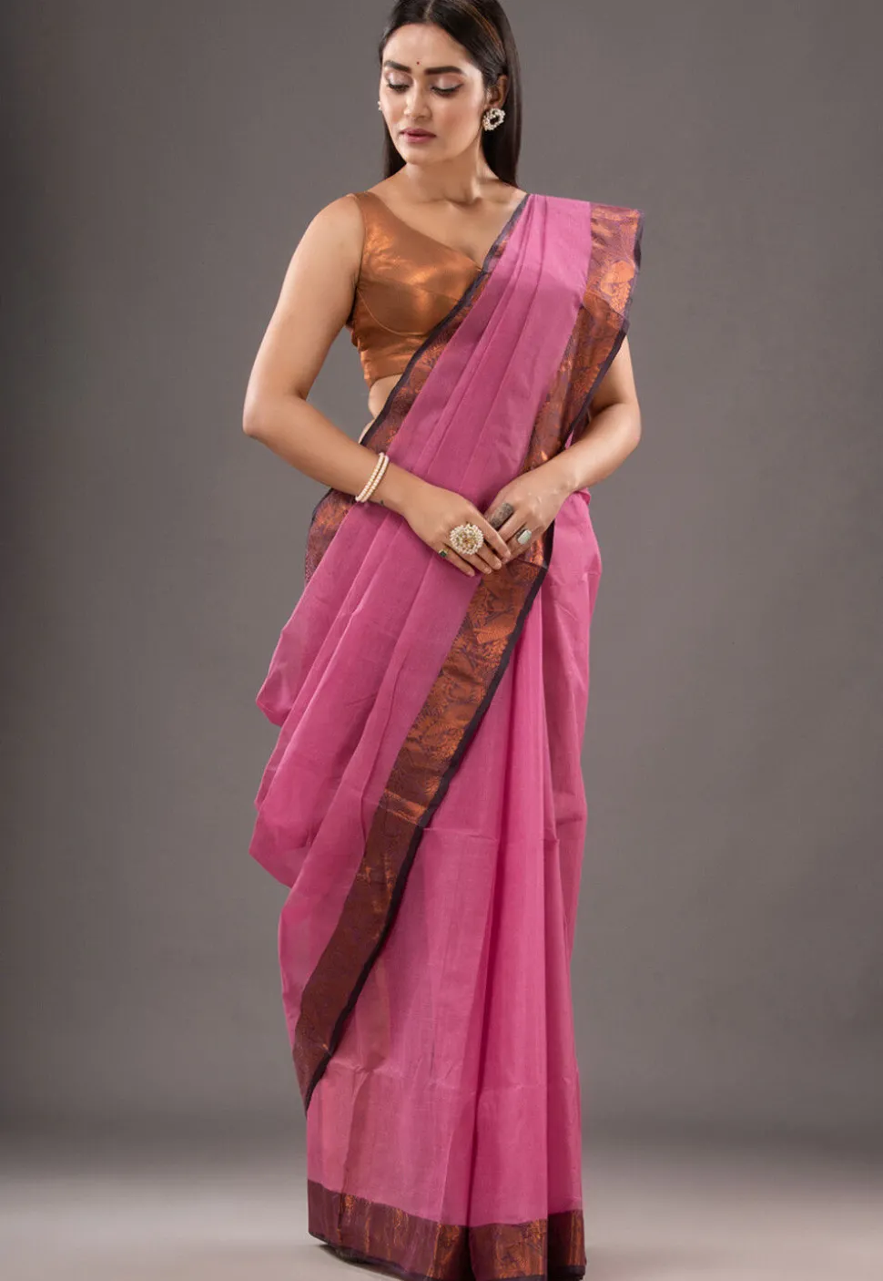 Handloom Pure Cotton Tant Saree in Pink