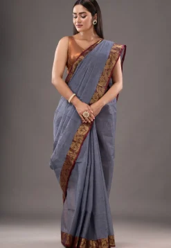 Handloom Pure Cotton Tant Saree in Grey