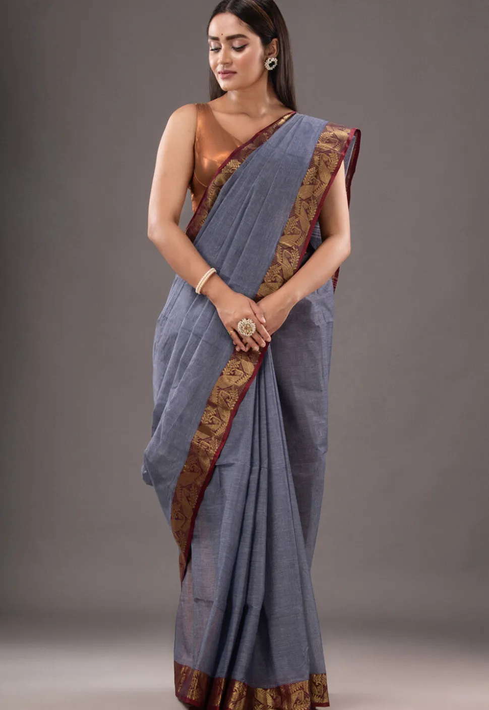 Handloom Pure Cotton Tant Saree in Grey