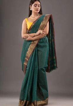 Handloom Pure Cotton Tant Saree in Teal Green