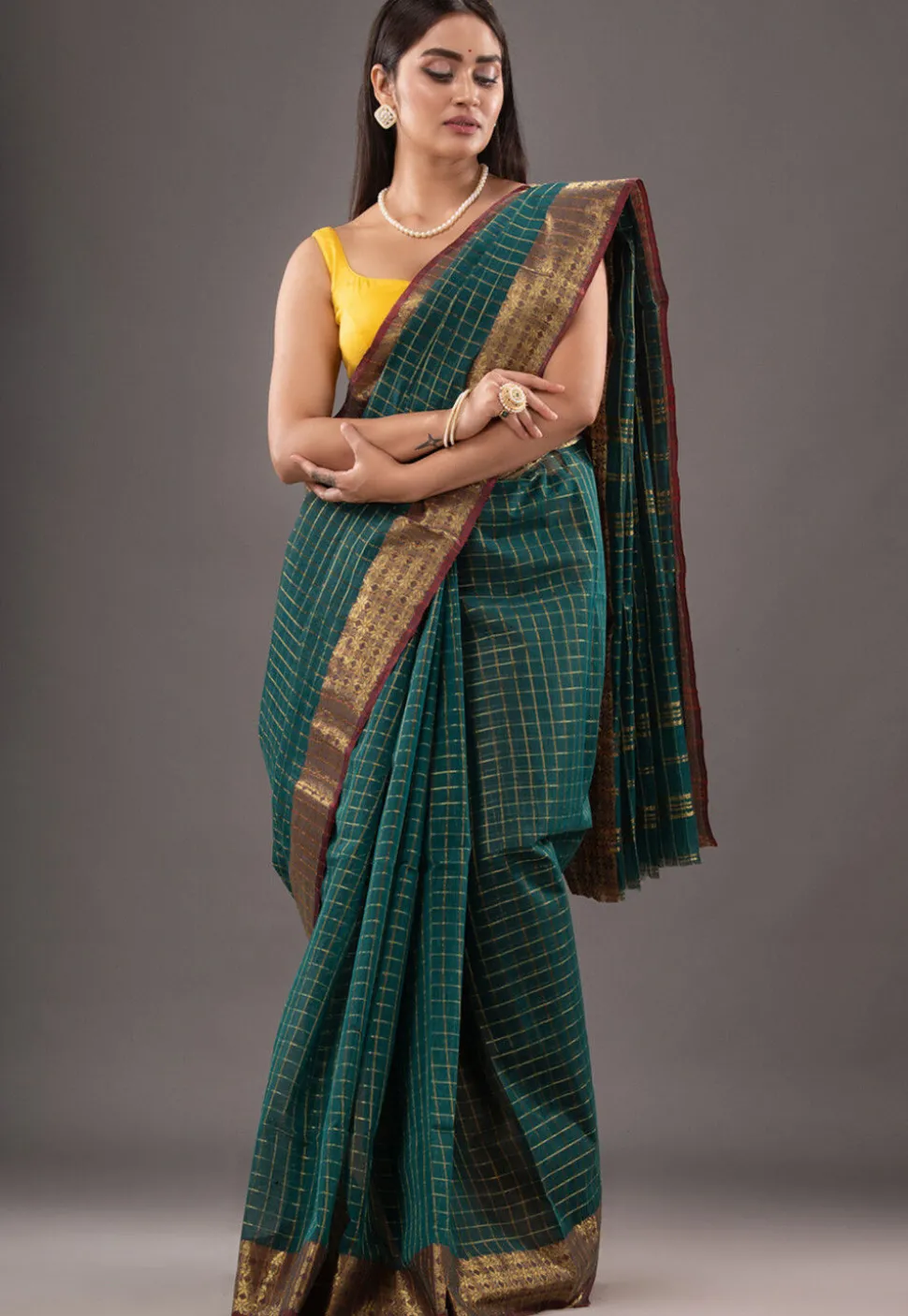 Handloom Pure Cotton Tant Saree in Teal Green