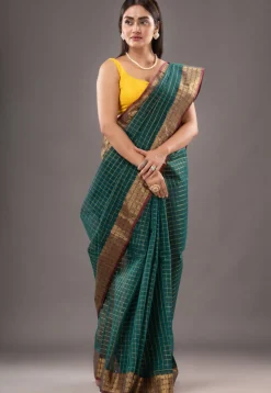 Handloom Pure Cotton Tant Saree in Teal Green