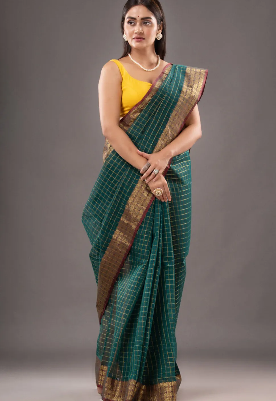 Handloom Pure Cotton Tant Saree in Teal Green
