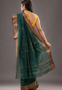 Handloom Pure Cotton Tant Saree in Teal Green