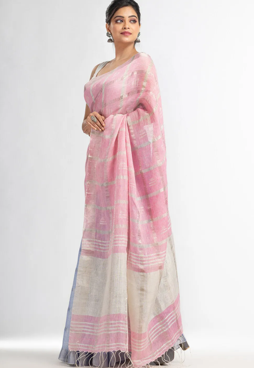 Handloom Pure Linen Saree in Pink and Sky Blue