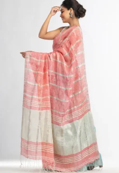 Handloom Pure Linen Saree in Pink and Sky Blue