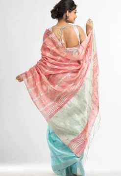 Handloom Pure Linen Saree in Pink and Sky Blue