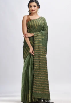 Handloom Pure Linen Saree in Dark Olive Green