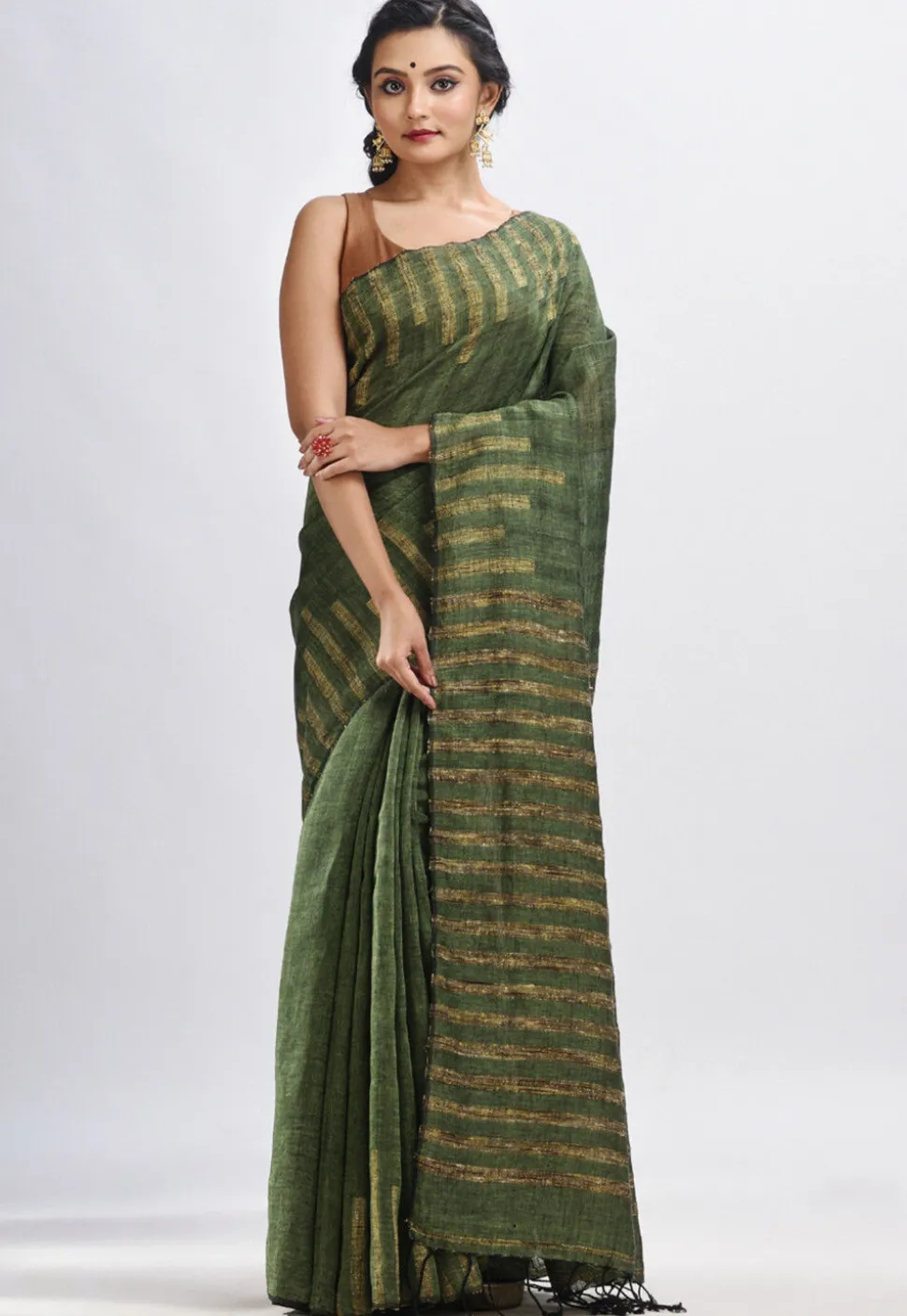 Handloom Pure Linen Saree in Dark Olive Green