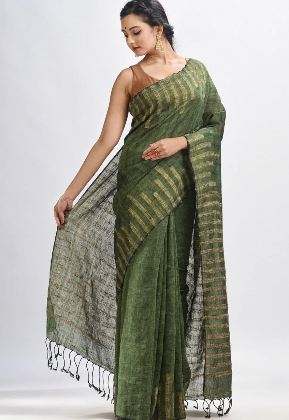 Handloom Pure Linen Saree in Dark Olive Green