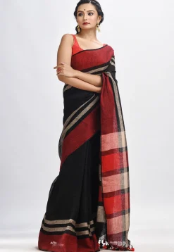 Handloom Pure Linen Saree in Black