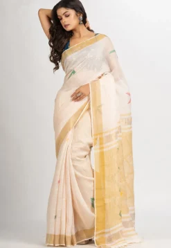 Handloom Pure Linen Saree in Cream