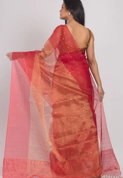 Handloom Pure Muslin Silk Saree in Peach and Red