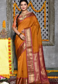 Handloom Pure Silk Cotton Gadwal Saree in Mustard