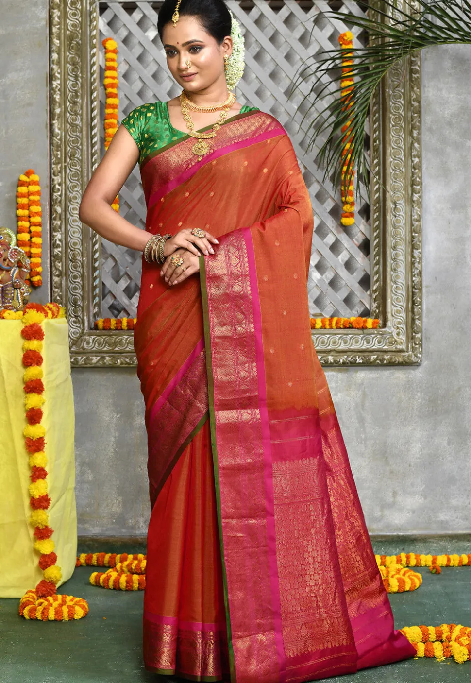Handloom Pure Silk Cotton Gadwal Saree in Rust