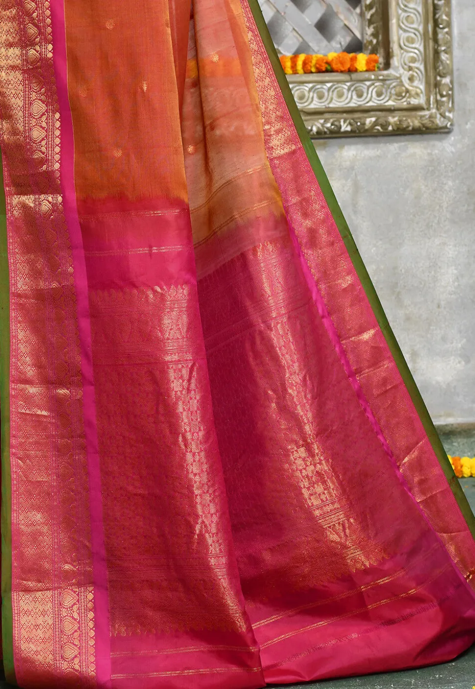 Handloom Pure Silk Cotton Gadwal Saree in Rust